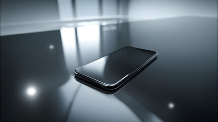 Elegant Black Smartphone Mockup on a Shiny Dark Surface with Reflections