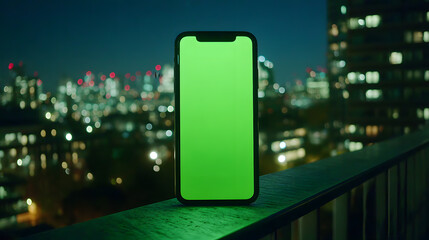 Modern Smartphone with Green Screen on a Balcony Overlooking City Lights at Night