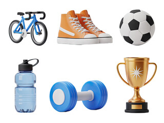 Active lifestyle essentials including bicycle, sneakers, soccer ball, water bottle, dumbbell, and trophy