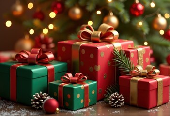 Fototapeta premium stunningly wrapped gifts beneath twinkling christmas tree holiday cheer festive atmosphere sparkling lights, wrapping, paper, ribbon, sparkle, ornament