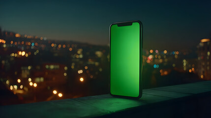 Modern Smartphone with Green Screen on a Ledge Overlooking Blurred City Lights at Night