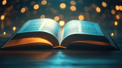 Open Bible, illuminated, glowing lights, inspirational image, spiritual background