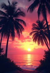 Obraz premium vibrant palm trees silhouette stunning sunset skyline colorful tropical paradise, horizon, landscape, clouds, evening, colors, light, scenery, dusk