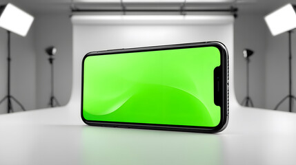Modern Mobile Phone Mockup with Green Screen in Professional Photo Studio