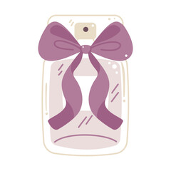 Perfume bottle with a purple ribbon bow. Perfect for beauty, self-care, and feminine designs. Vector illustration.