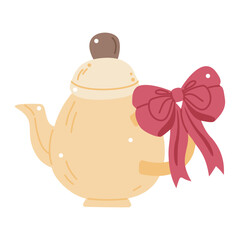 Charming cartoon teapot with a large red bow. Perfect for tea parties, cozy moments, or kitchen decor designs. Vector illustration.