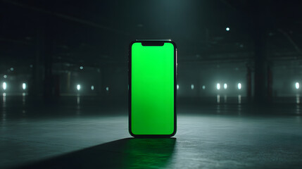 Modern Mobile Phone with Green Screen Standing on Dark Industrial Background