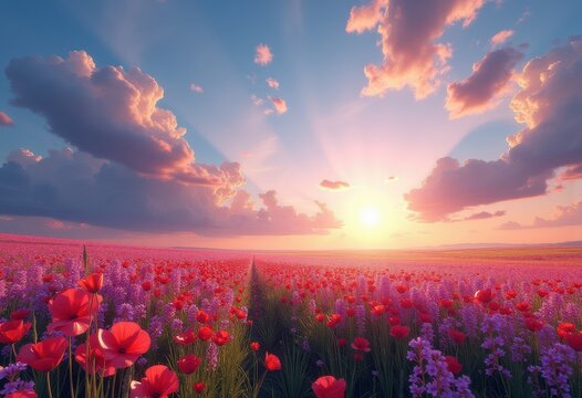 vibrant wildflower fields under dramatic skyscapes colorful nature scene blooming petals bold clouds, meadow, sunset, flora, landscape, grass, scenic, pastoral