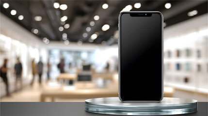 Modern Smartphone Mockup with Blank Screen on a Display Stand in a Bright Retail Store