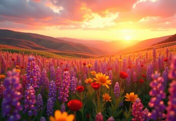 Naklejka premium vibrant wildflower fields under golden sunset breathtaking landscape scenic colorful blooming nature, flowers, meadow, purple, yellow, orange, wildlife, sky