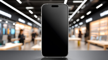 Modern Smartphone Mockup with Empty Screen in a Blurred Technology Shop