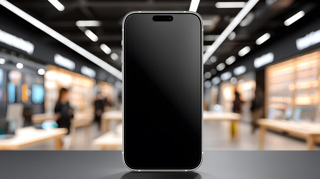 Modern Smartphone Mockup with Empty Screen in a Blurred Technology Shop