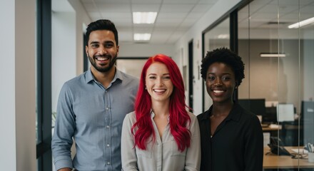 Diverse Team Smiling in Office Hallway Red Hair.