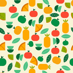 A bright seamless pattern with fruits and leaves in a minimalist flat style on a light background.