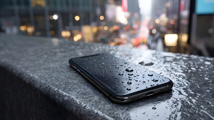Smartphone with Water Droplets on a Wet Urban Concrete Ledge at Night