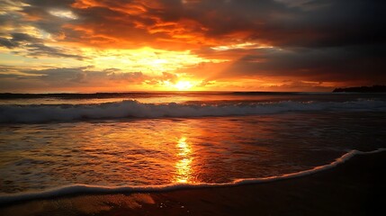 Obraz premium Fiery sunset over a beach. Waves crash on the shore, bathed in fiery orange light