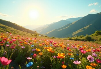 Obraz premium vibrant wildflowers blanketing rolling green hills natural landscape colorful blooms lush vegetation scenic view serenity nature beauty, input, spring