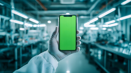 Gloved Hand Holding Mobile Phone with Green Screen in Futuristic Manufacturing Facility