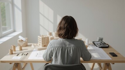 Architect from behind reviewing architectural plans and model on a bright desk