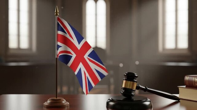 The Union Jack flag and a judge's gavel on a wooden desk, symbolizing the legal system and justice in the United Kingdom.