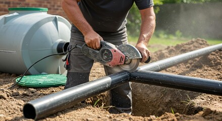 Man Cutting Septic System Pipes with Angle Grinder