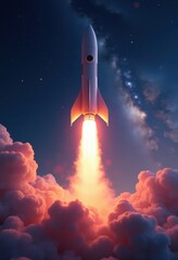 vibrant rocket launching through starry sky night spectacle cosmic adventure, space, stars, explosion, fire, motion, trajectory, smoke, light, flare, energy