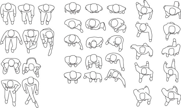 CAD Drawings. Set people outlines isolated on grey background. Sitting, Standing, walking. Top view. Vector illustration.