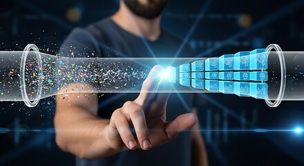 Man interacts with a digital data stream flowing through a transparent pipeline, visualizing data transfer or processing.