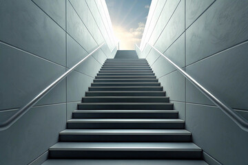 Modern concrete staircase leading to bright sky stairs