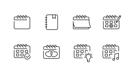 Calendar and planner icons set – outline, linear, schedule and organization symbols