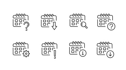 Calendar and scheduling outline icons set &ndash; linear, line, event planning symbols