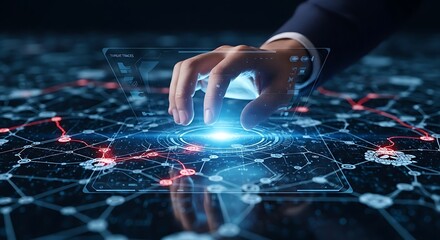 A hand interacts with a holographic digital network, manipulating glowing nodes and connections.