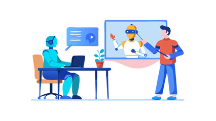 A robot attends a virtual meeting while a man presents a robot on a screen with a pointer stick