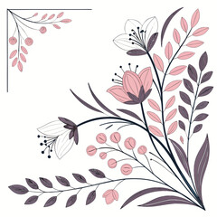 Elegant floral corner design with delicate pink and purple blooms and leaves on a white background