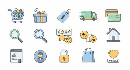 Colorful icons depicting online shopping, delivery, payment, reviews, and security.