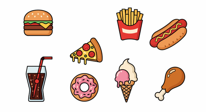 Collection of colorful, simple line art icons representing various fast food items.