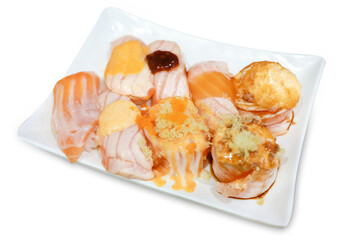 Top view of Japanese fresh salmon sushi with Japanese rice, focus selective