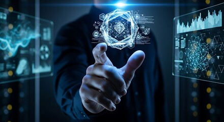 A businessman interacts with a futuristic holographic interface displaying data analytics and security symbols.