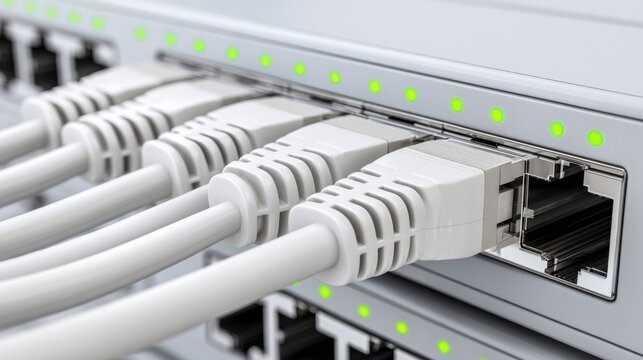 Close-up of white ethernet cables plugged into a server, with green lights indicating active connections.