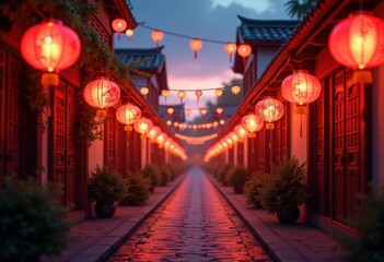 Obraz premium vibrant red lanterns glowing twilight enchanting light display beautiful evening atmosphere, dusk, illumination, village, celebration, silhouette, shade