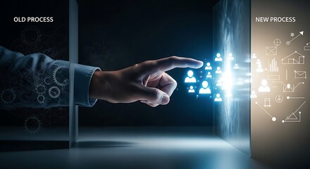 Hand guides digital human icons from old to new process, symbolizing technological transformation and efficiency gains in workflow management.