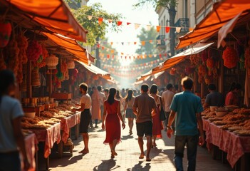 vibrant street markets filled colorful stalls local culture authentic foods flags clusters entertainment banners lively atmosphere, festival, crafts, artisan