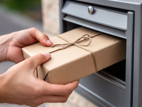 Hands placing a gift-wrapped package into a mailbox, ready for delivery, tied with twine.