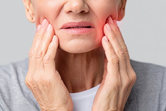 Close-up of an elderly woman with hands on jaw, experiencing jaw pain, highlighted in red.