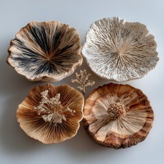 Four unique mushroom-shaped decorative pieces