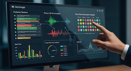 A hand points to data visualizations on a computer monitor displaying various business metrics.