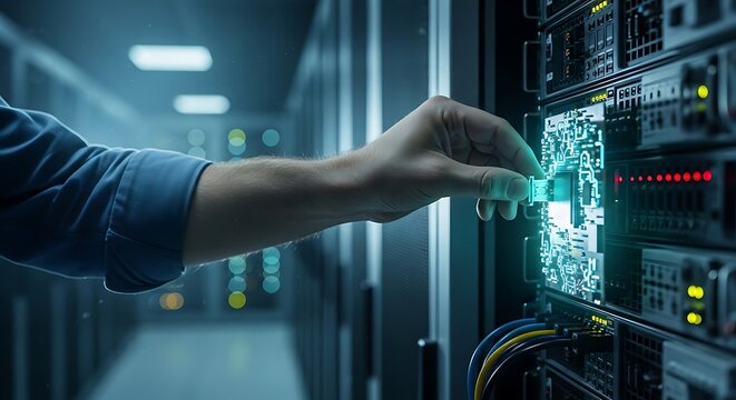 Technician installing a server hard drive in a data center.