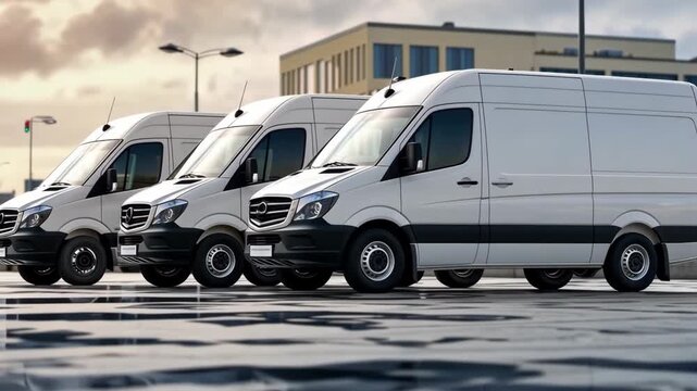 A fleet of shiny white delivery vans, complete with place for company logos, is lined up and ready for efficient and timely deliveries, parked in a storage lot on a sunny day.