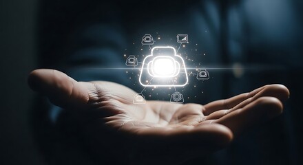 A person's hand holding a glowing digital camera icon, representing photography.