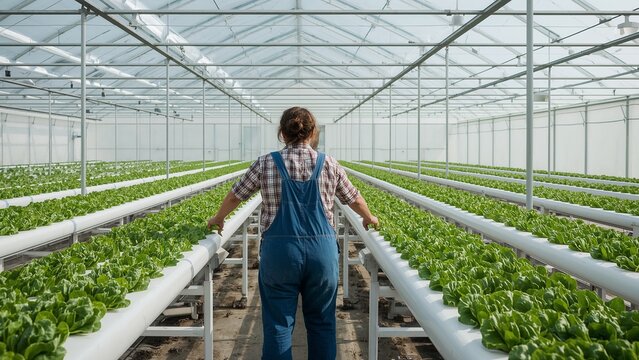 Farmer inspecting hydroponic lettuce plants in a modern greenhouse
